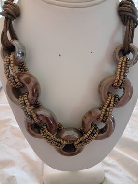 Neutral Brown Resin Link Necklace Gold& Silver Beaded Accents Unique!